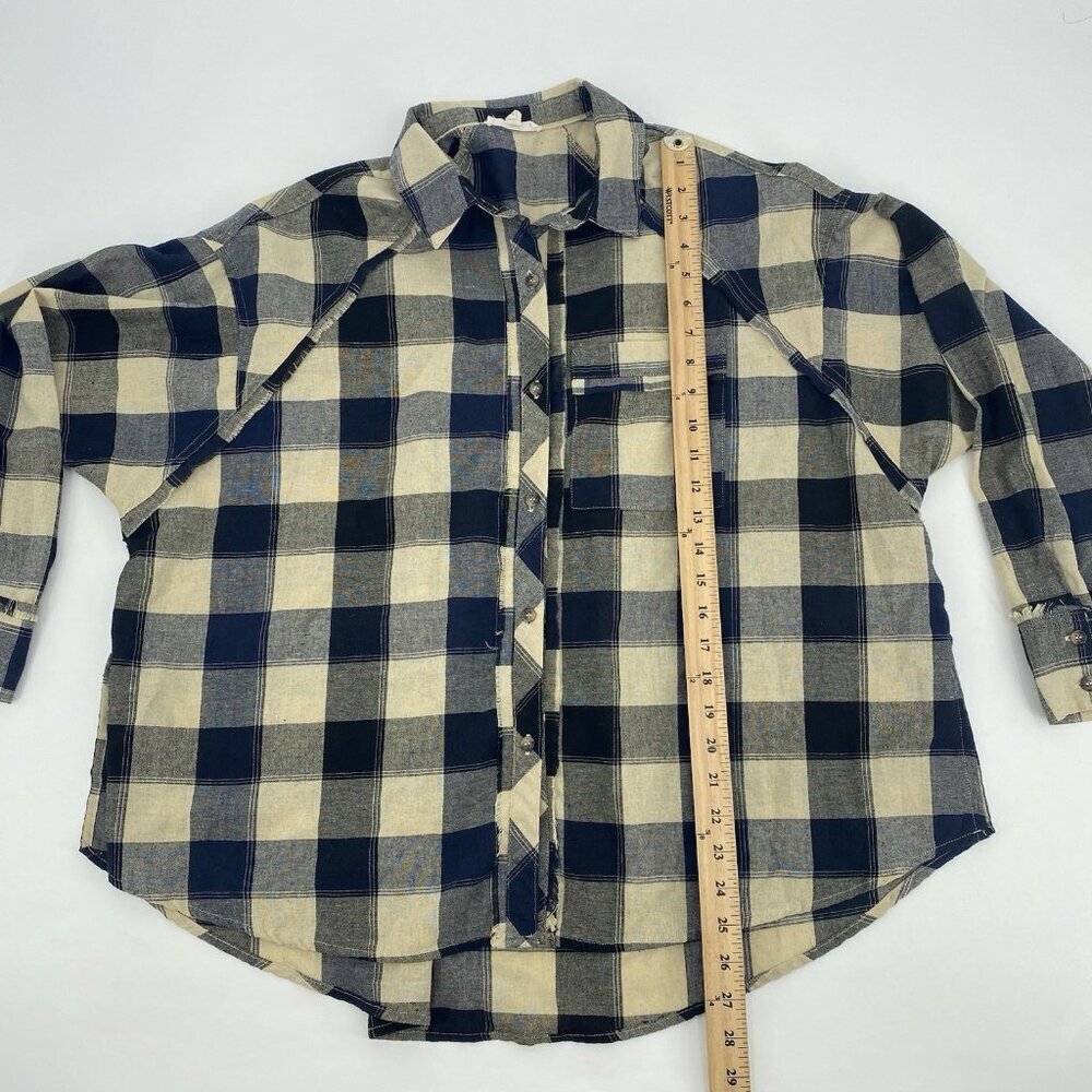 Easel Womens Small Plaid Frayed Oversized Shirt Beige Black Navy - Picture 3 of 10